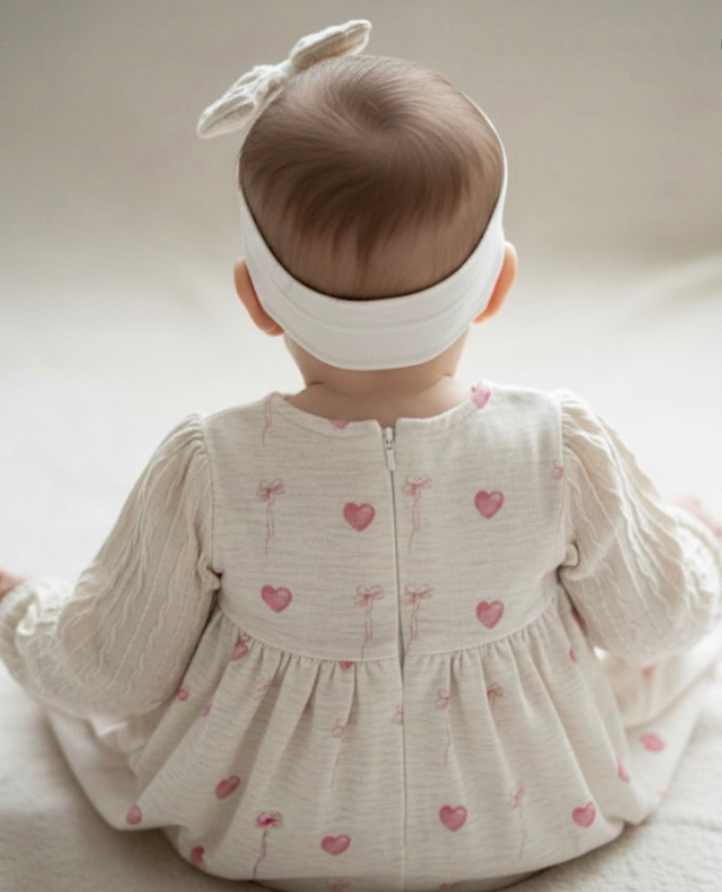 Cream knitted Heart Print Dress with Bow Headband