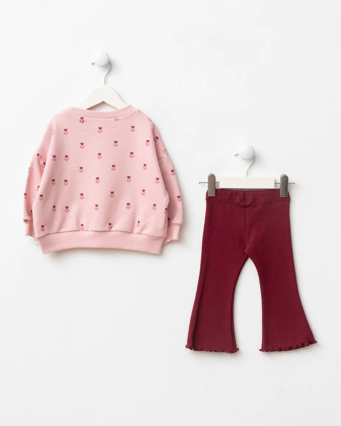 Girls Pink Heart Sweatshirt & Flared Pants Set