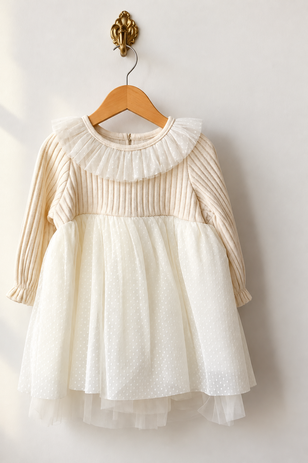Baby Girl Ivory Knitted Tulle Dress with Ruffle Collar