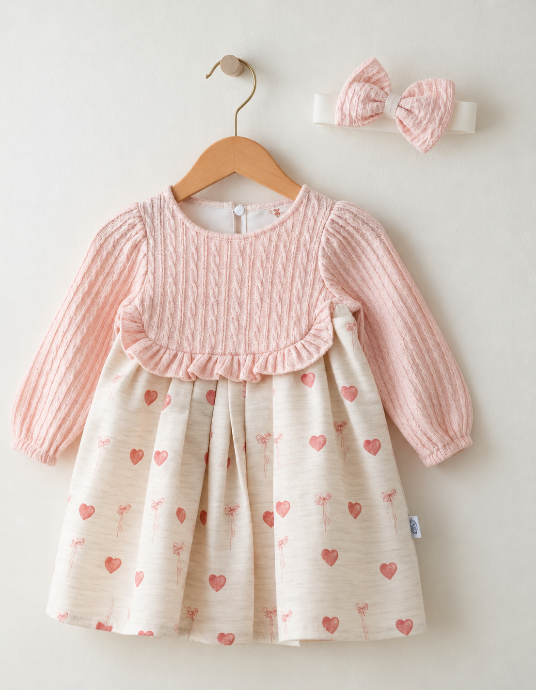 Pink Knitted Heart Print Dress with Matching Headband