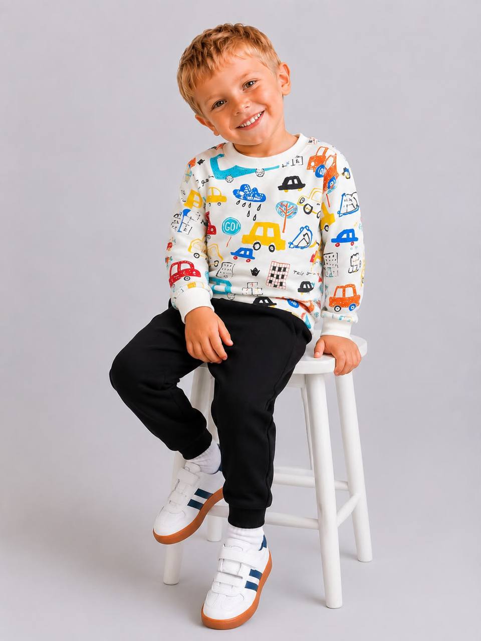 title: Boys Car Print Cotton Set – White & Black