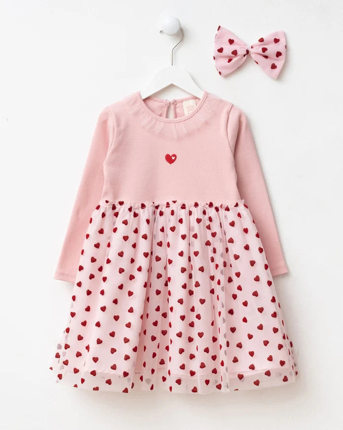 Girl's Dress Tulle with hearts Detail and Hair Clip