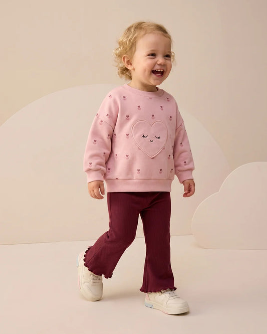 Girls Pink Heart Sweatshirt & Flared Pants Set