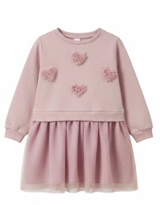 Pink Heart fleece Sweatshirt Dress with Tulle Skirt