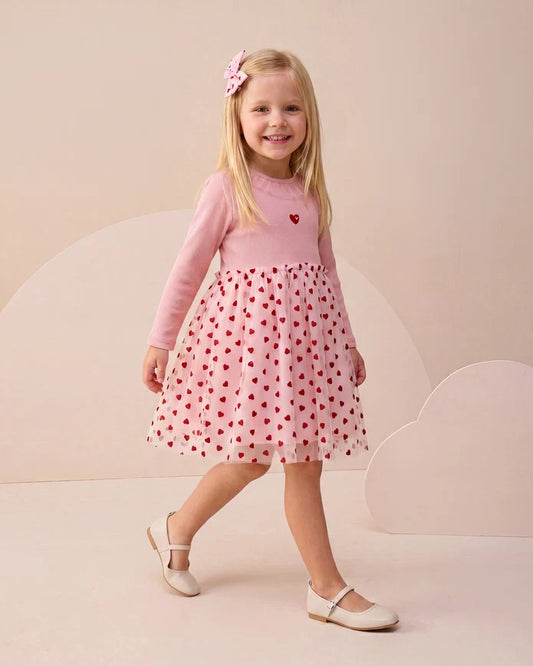 Girl's Dress Tulle with hearts Detail and Hair Clip