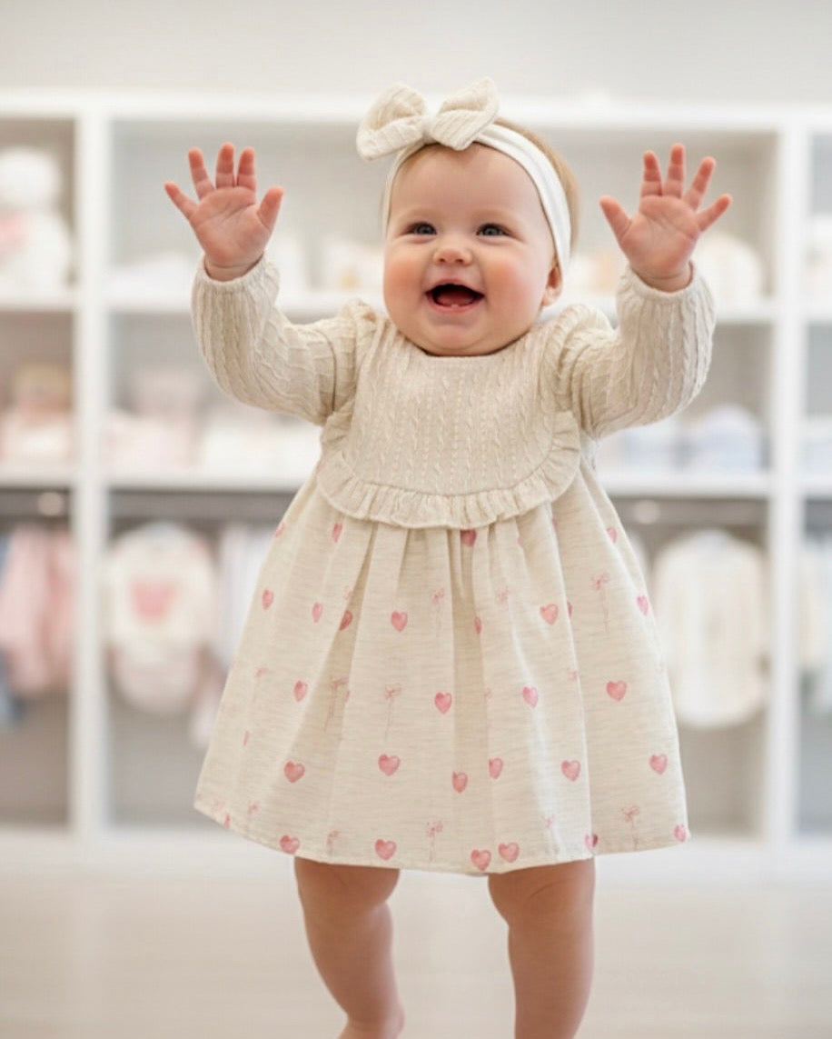 Cream knitted Heart Print Dress with Bow Headband