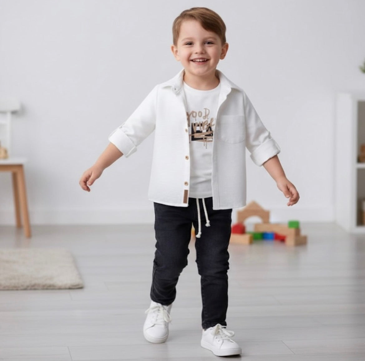 Boys’ Casual 3-Piece Outfit Set – White & black Denim