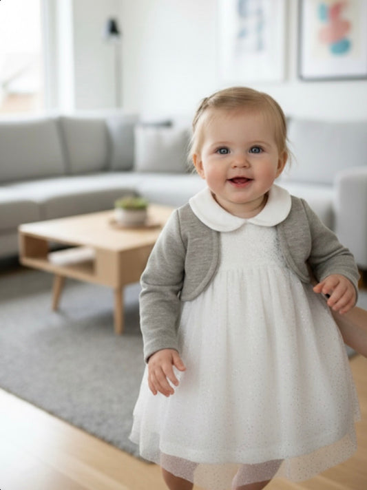 Baby Girl White Tulle Dress with Grey Bolero
