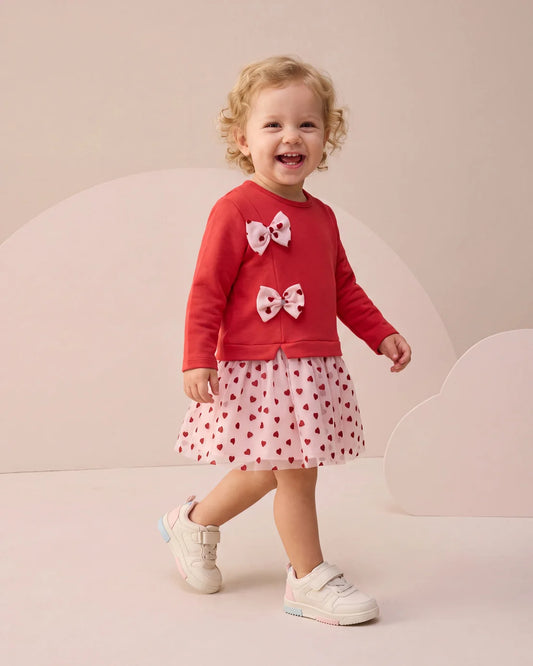 Girls Red Bow & Heart Tulle Dress