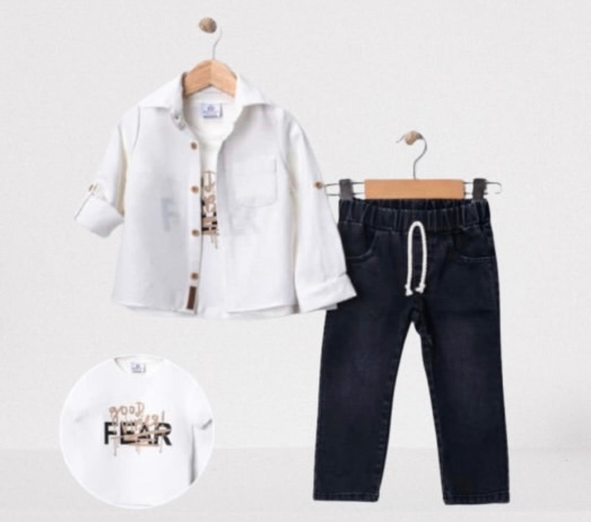 Boys’ Casual 3-Piece Outfit Set – White & black Denim
