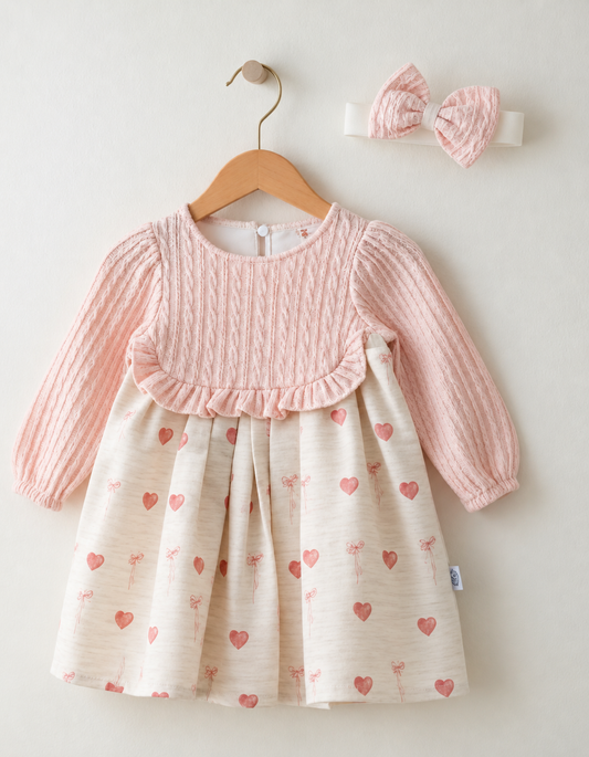 Pink Knitted Heart Print Dress with Matching Headband