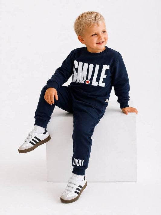 Boys “SMILE” Cotton Set – Navy Blue