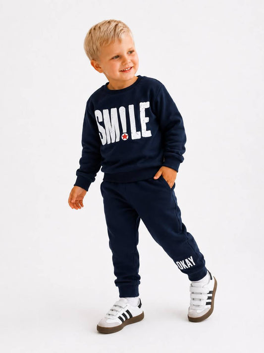 Boys “SMILE” Cotton Set – Navy Blue