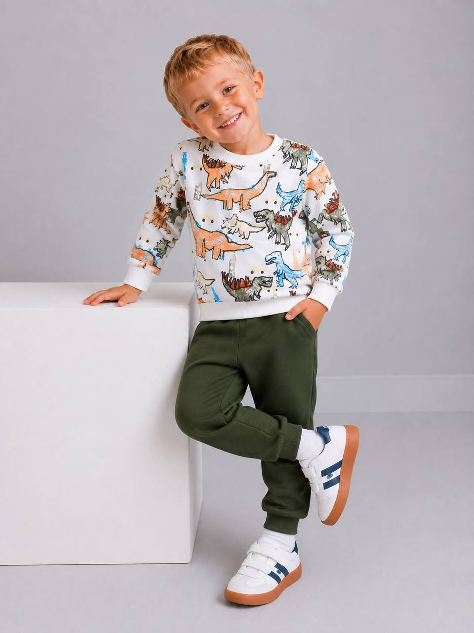 Boys Dinosaur Print Cotton Set – White & Green