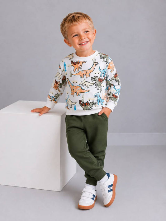Boys Dinosaur Print Cotton Set – White & Green