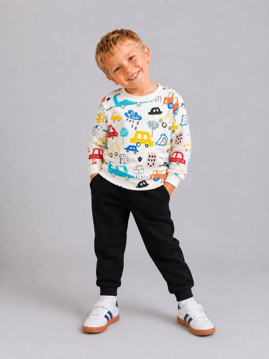 title: Boys Car Print Cotton Set – White & Black