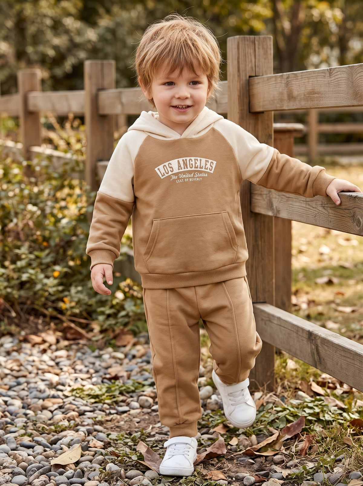 "Los Angeles" Colorblock Hoodie & Jogger Set – Camel & Cream