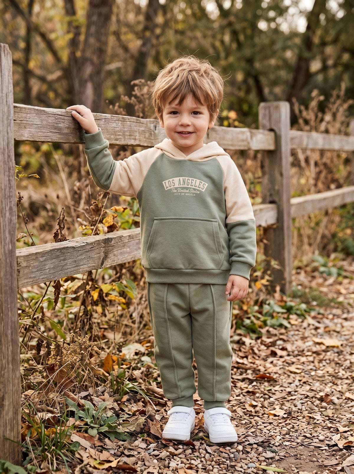 "Los Angeles" Colorblock Hoodie & Jogger Set – Sage & Cream